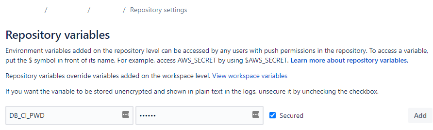 Bitbucket repository variables settings screenshot